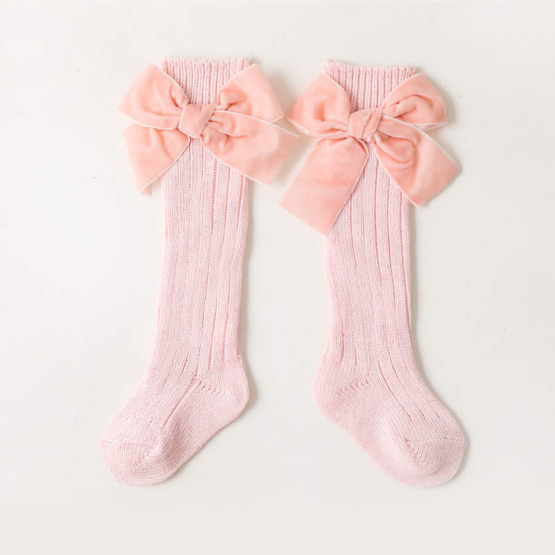 VELVET BOW LONG SOCKS IN PINK