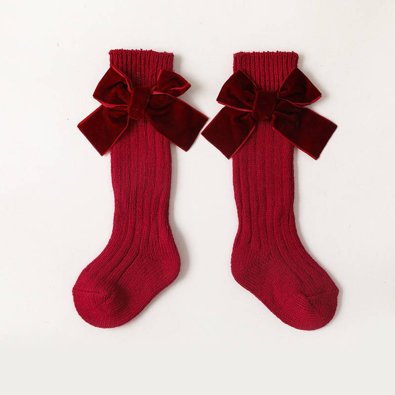 VELVET BOW LONG SOCKS IN RED