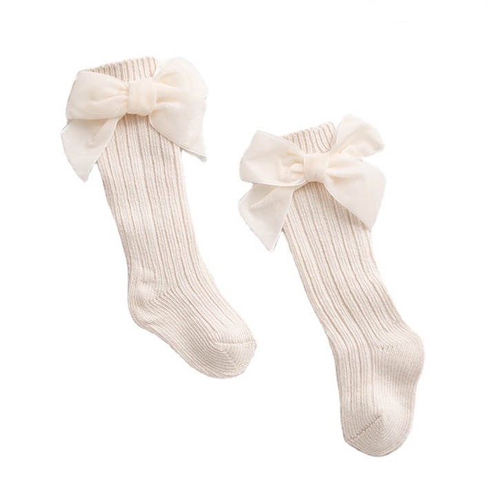 VELVET BOW LONG SOCKS IN IVORY