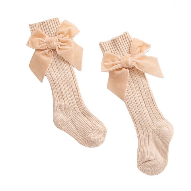 VELVET BOW LONG SOCKS IN LIGHT BEIGE