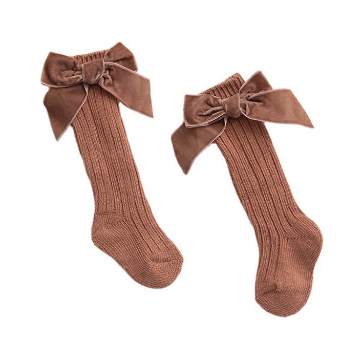 VELVET BOW LONG SOCKS IN BROWN