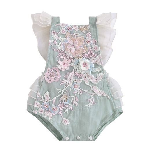 Floral appliqué romper - light green